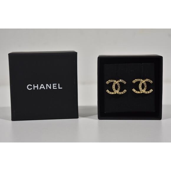 Chanel 23C Gold Crystal Interlocking CC Logo Classic Drop Statement Stud Earring - Picture 2 of 7